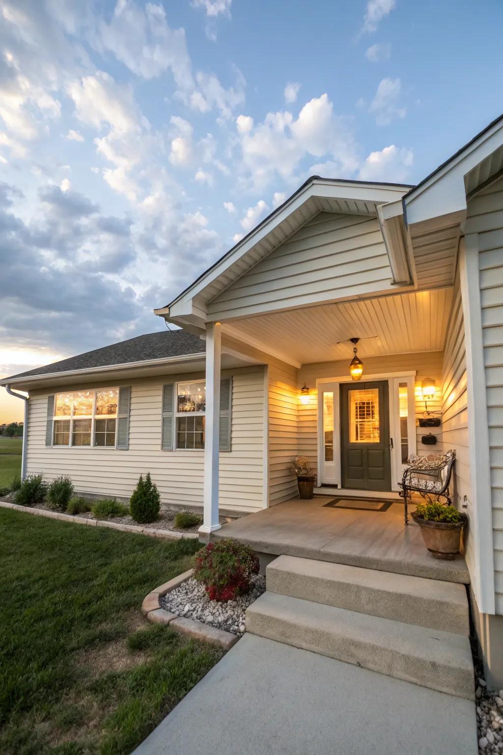 An inviting veranda, enhanced by charming siding, draws guests in.