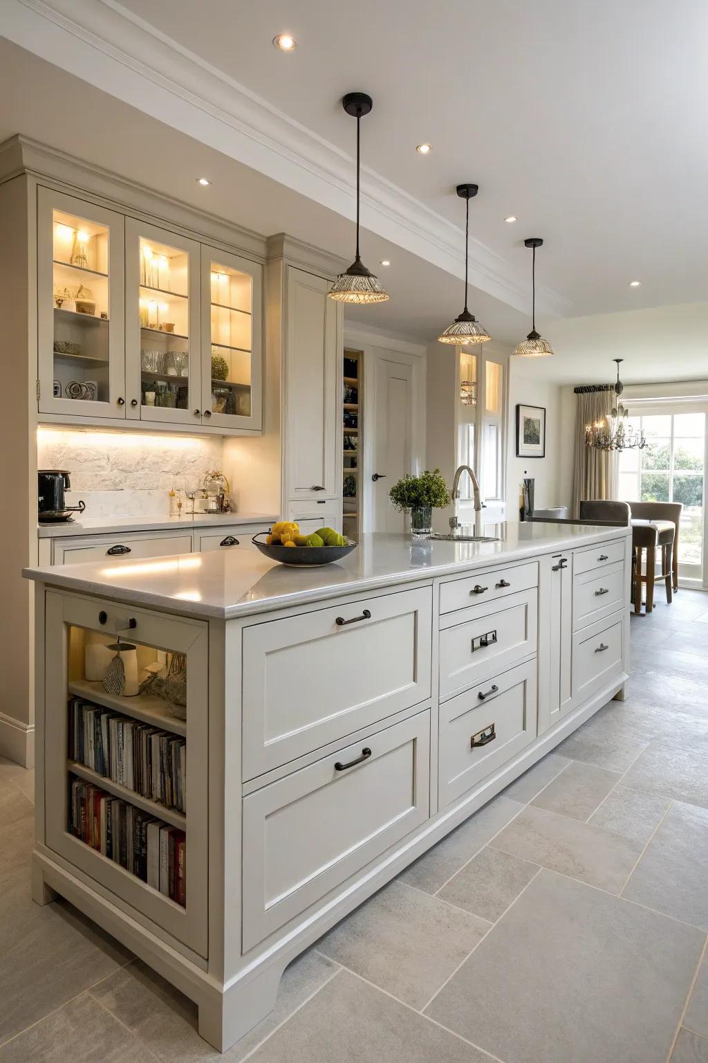 An island providing substantial storage to keep the kitchen organized.