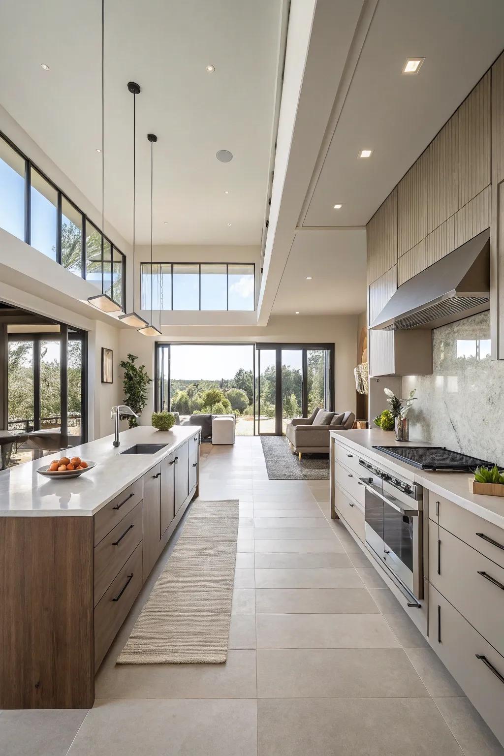 Sleek lines and neutral shades establish a serene kitchen environment.