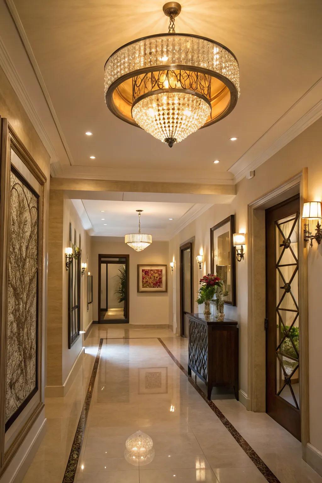 Elegant lighting fixtures enhance the entryway, infusing sophistication and ambiance.
