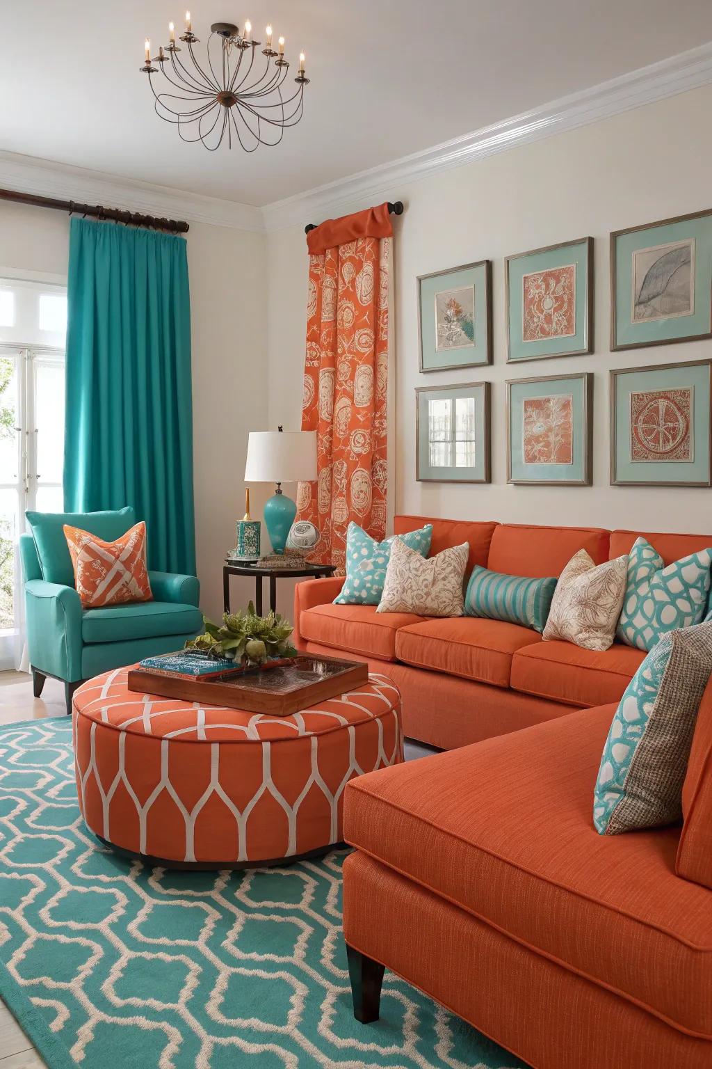 A vibrant living room presenting a bold mix of orange and sea green.