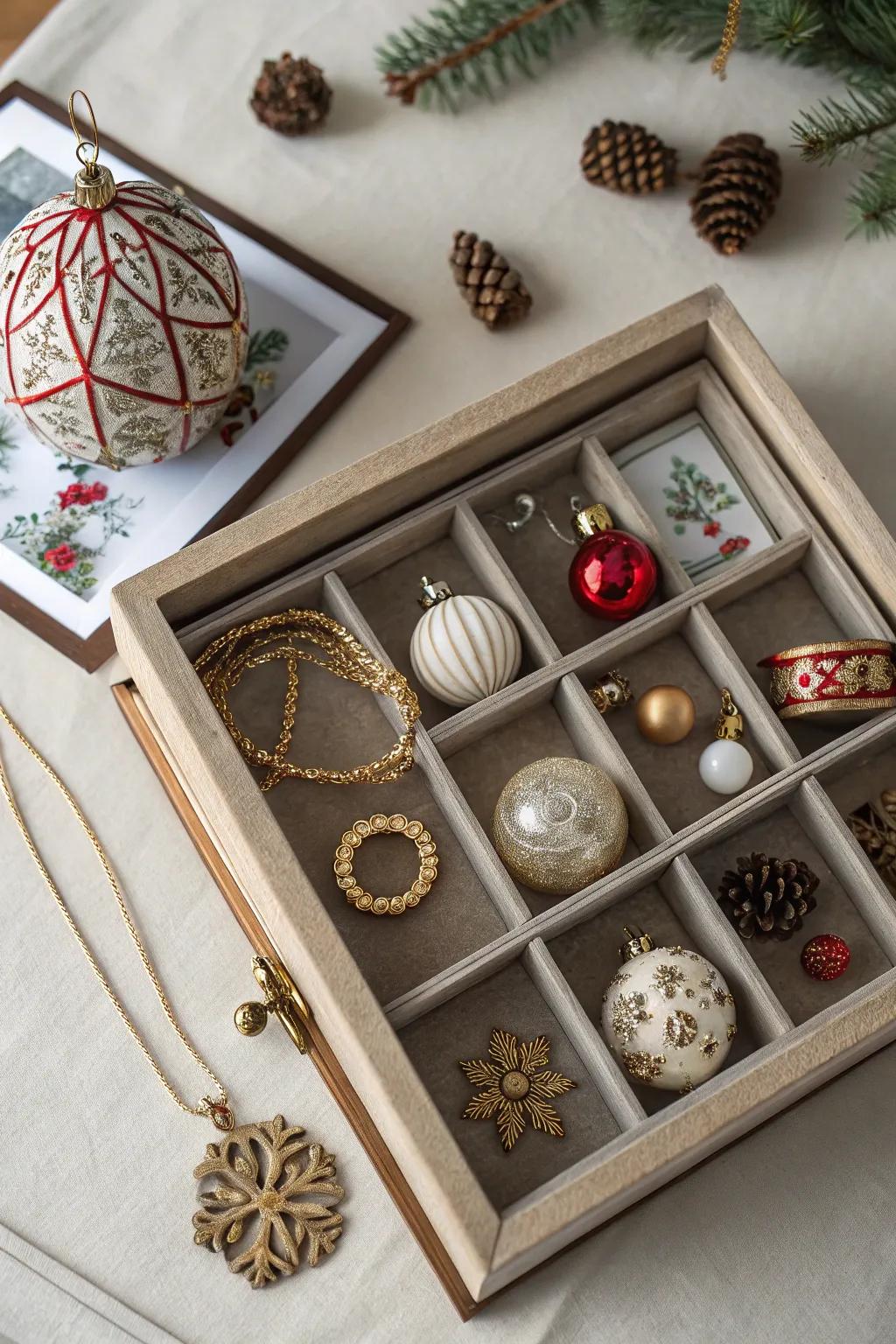A customized ornament presentation inside an enclosure.