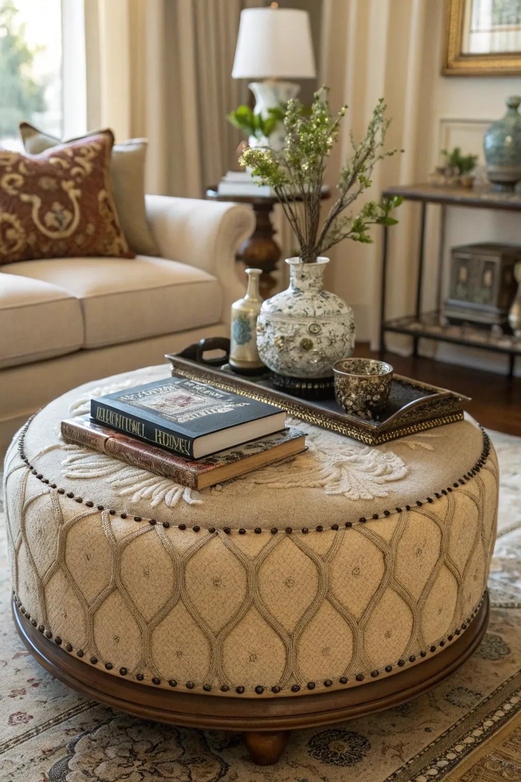 A personalized ottoman with decorative touches.