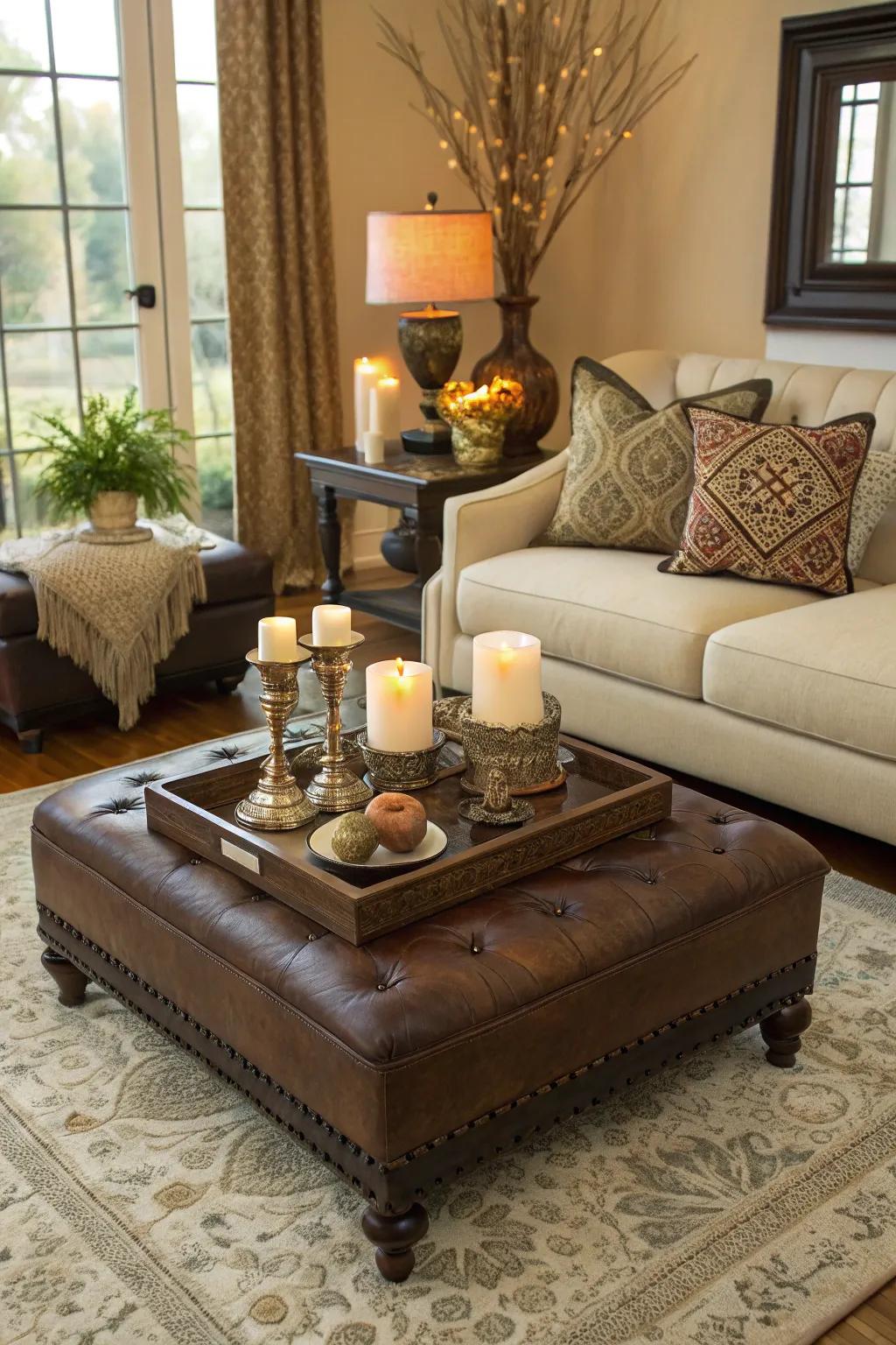 A footrest styled with decorative accents in an elegant manner.