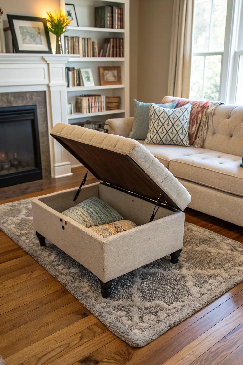 A stylish ottoman featuring hidden storage space