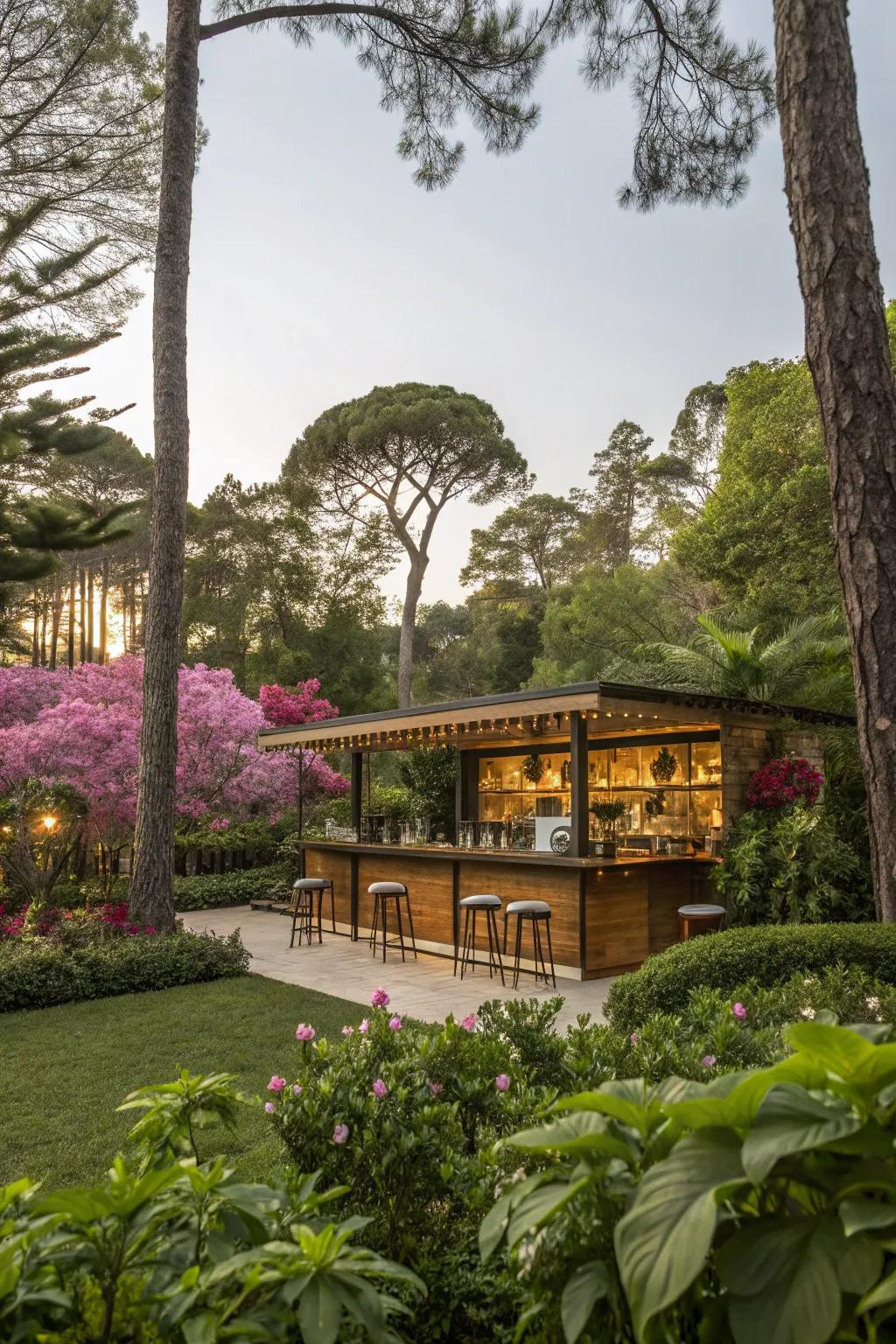 A garden-integrated bar provides a peaceful retreat.
