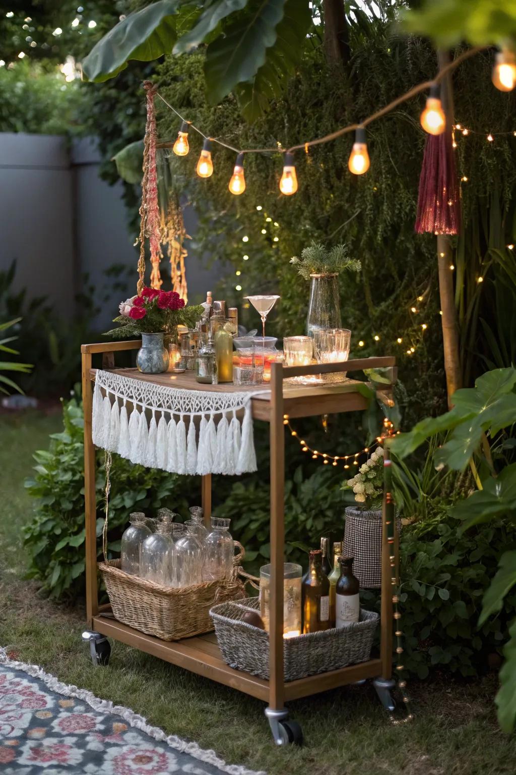 A free-spirited bar cart infuses an eclectic charm into your alfresco space.