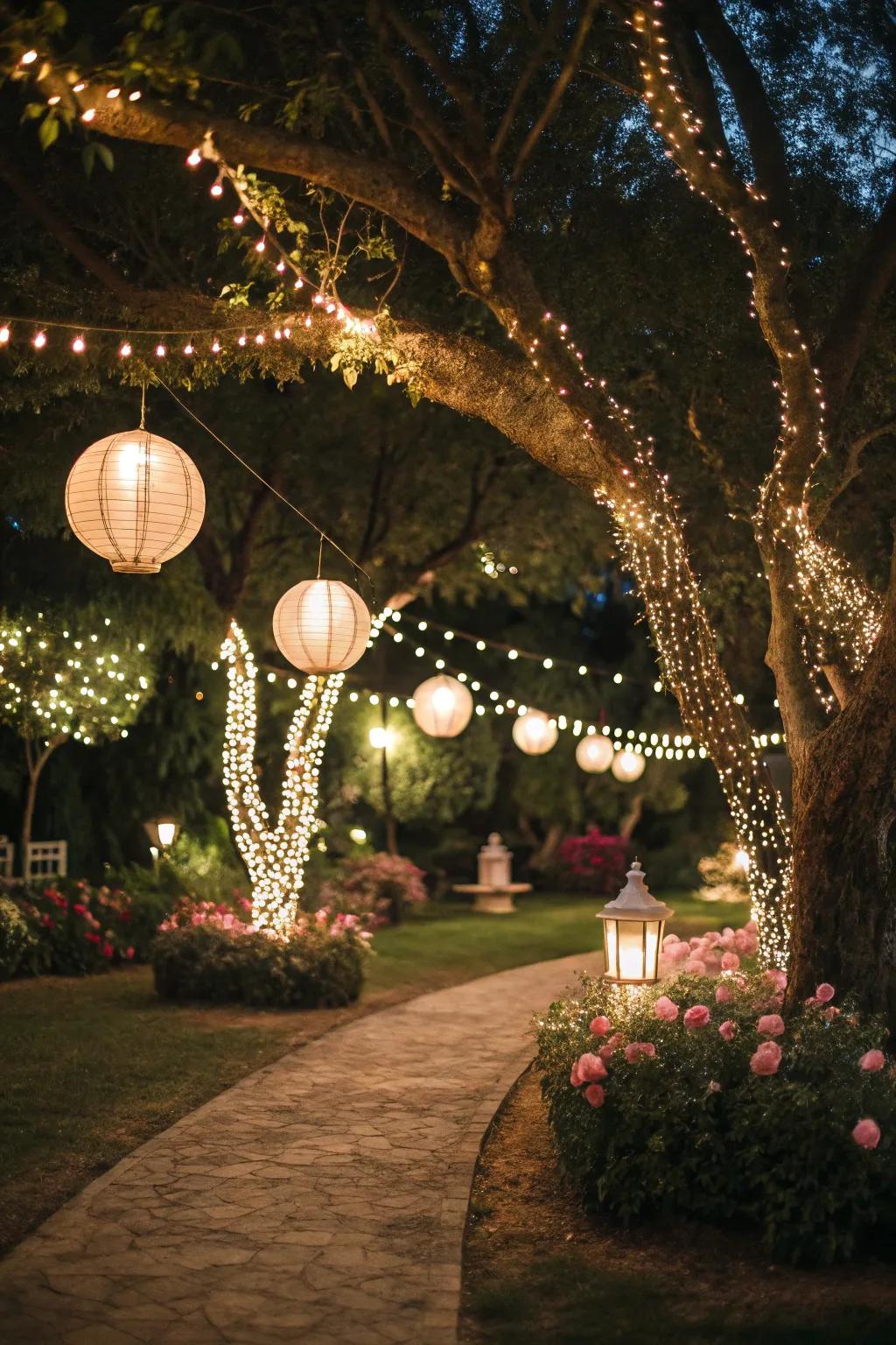 A garden converted by the snug glow of subtle illumination.