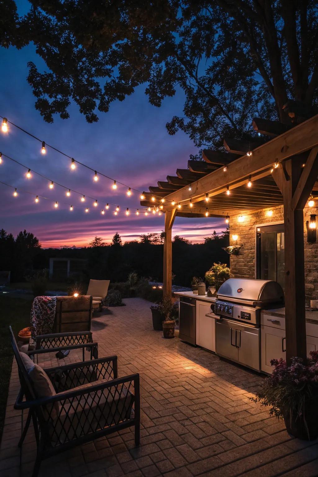 Fairy lights make an enchanting mood for nighttime grilling.