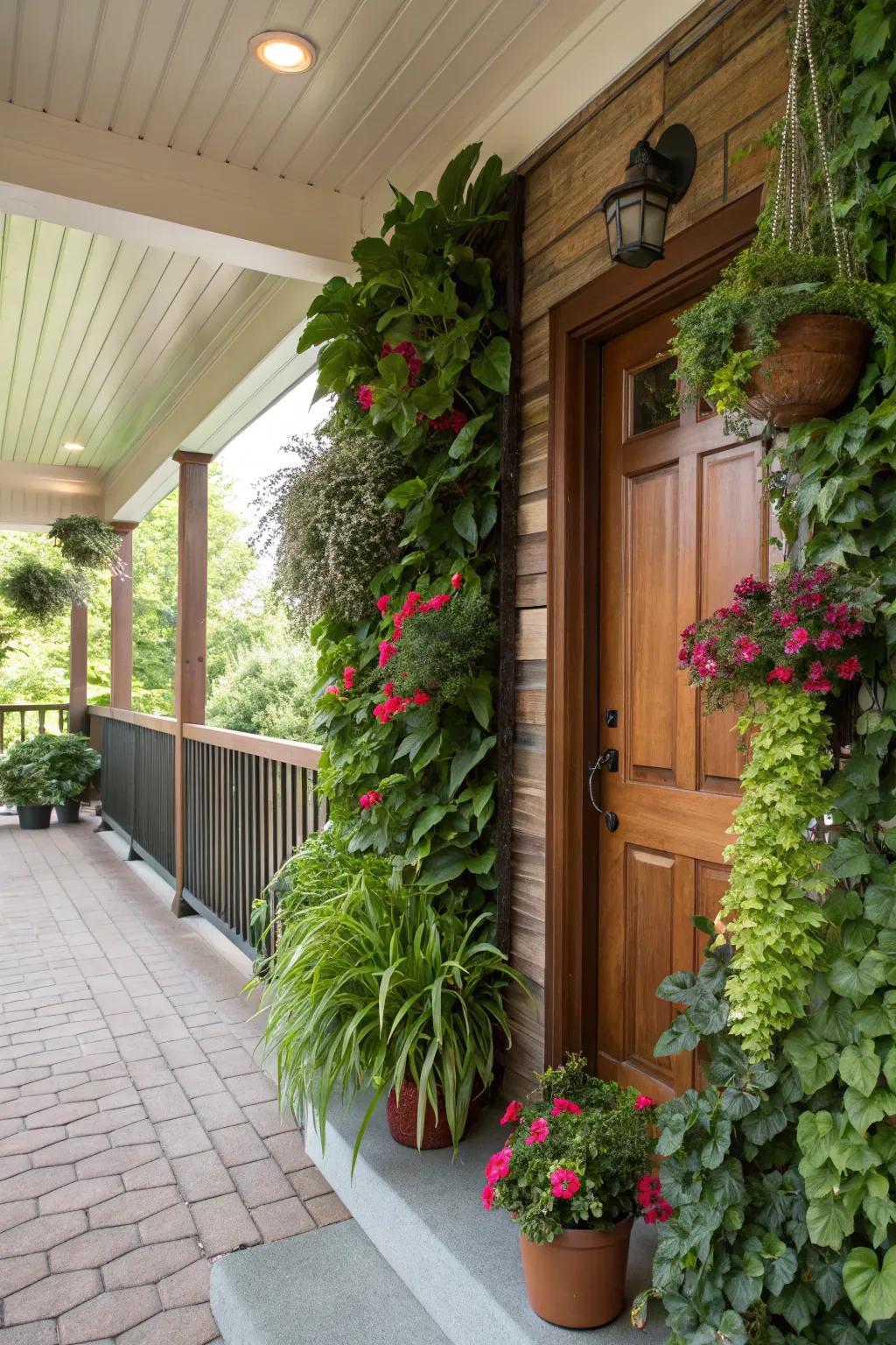 A lush upright garden appends vivid greenery to this porch setting.
