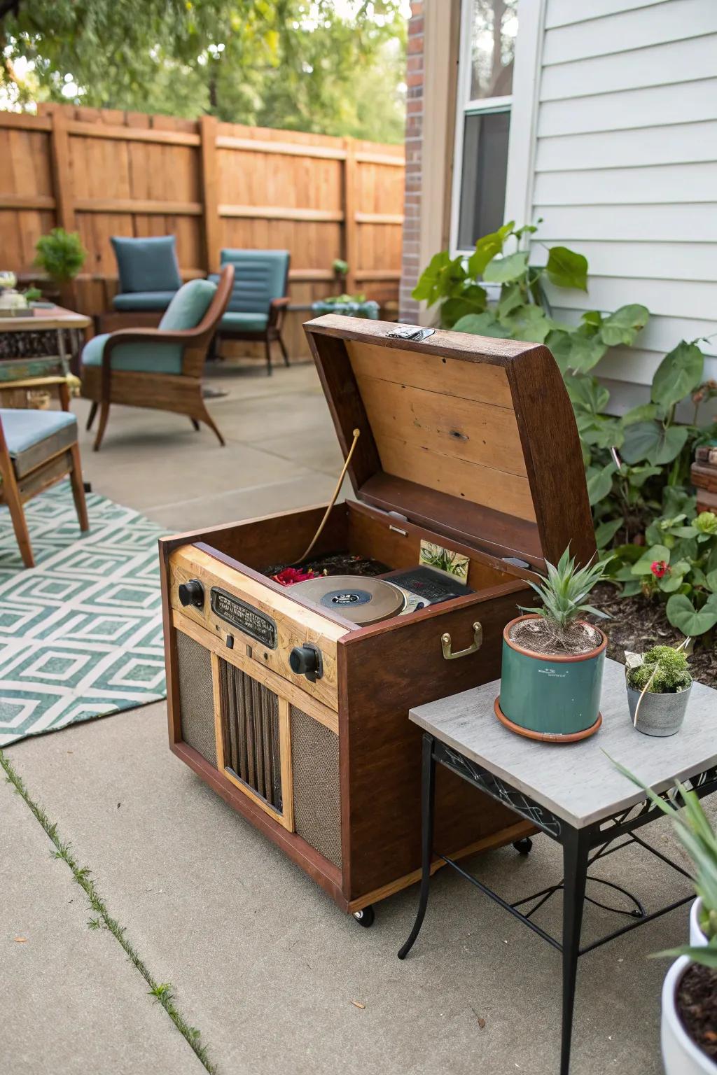 A vintage container adds uniqueness and heritage to your outdoor audio setup.