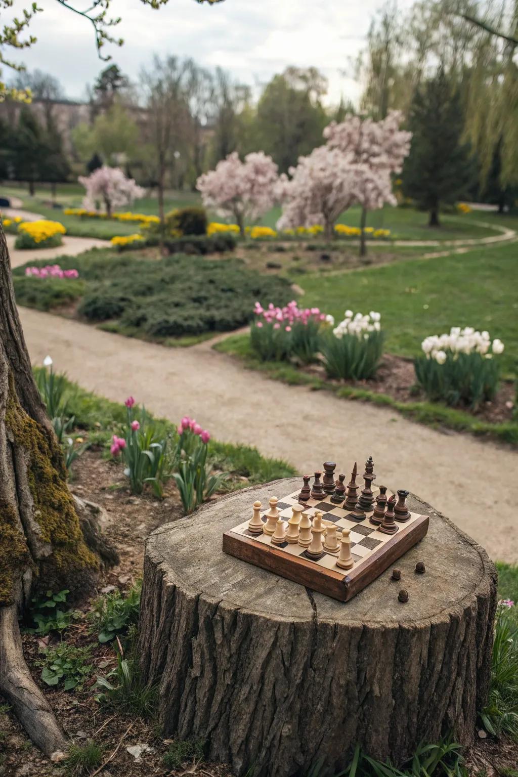 A stump-turned-play surface welcomes outdoor amusement and diversions.
