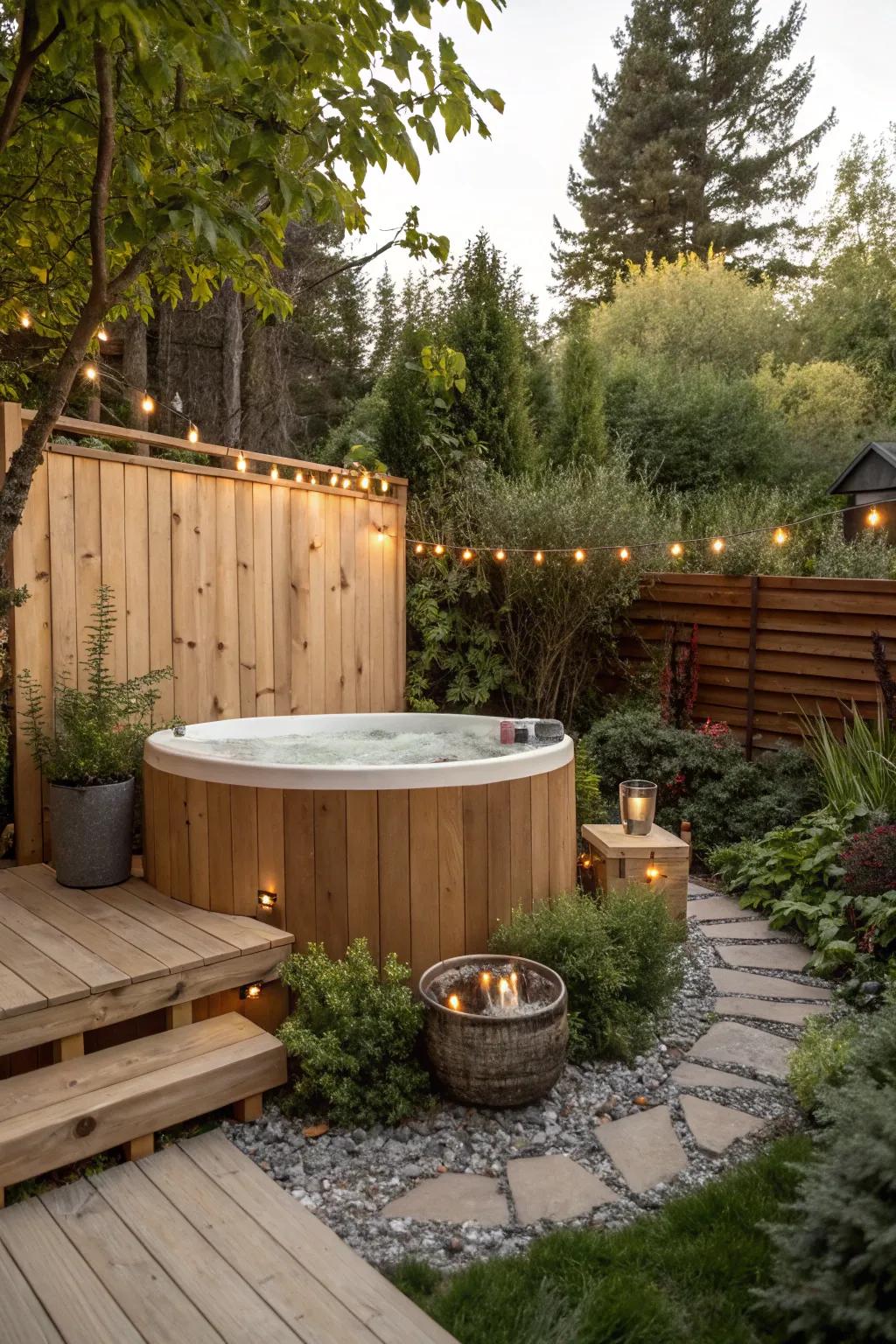 Incorporate warmth by utilizing timber surroundings for a cozy outdoor tub experience.