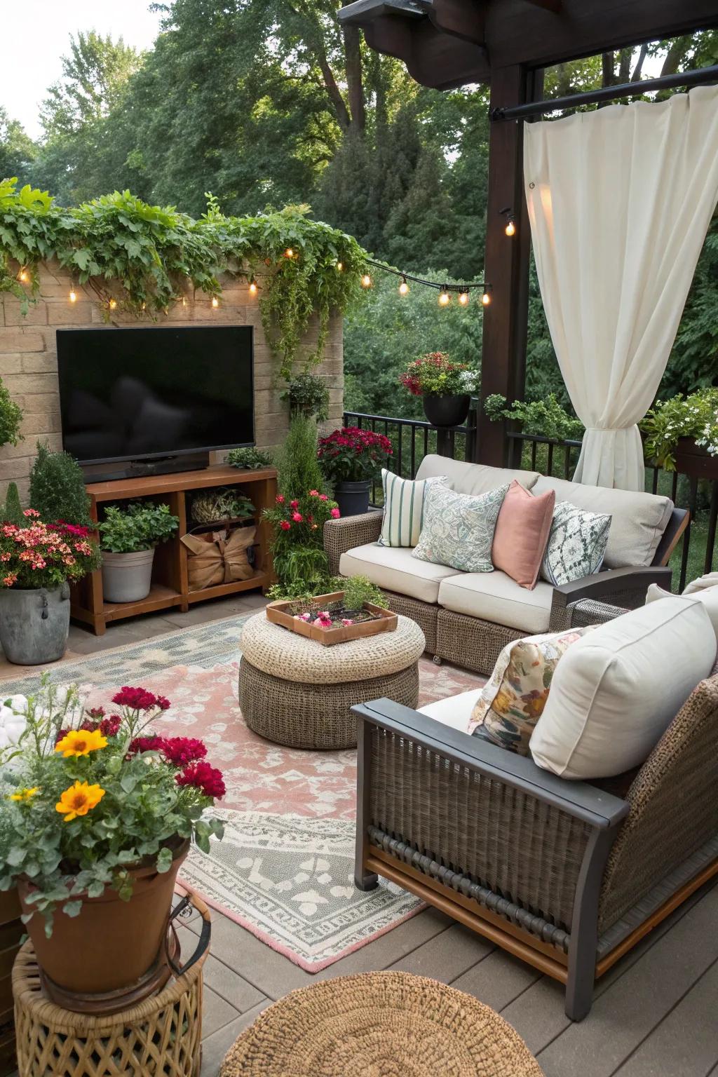 Cosmetic components append character and coziness to your outdoor television arrangement.