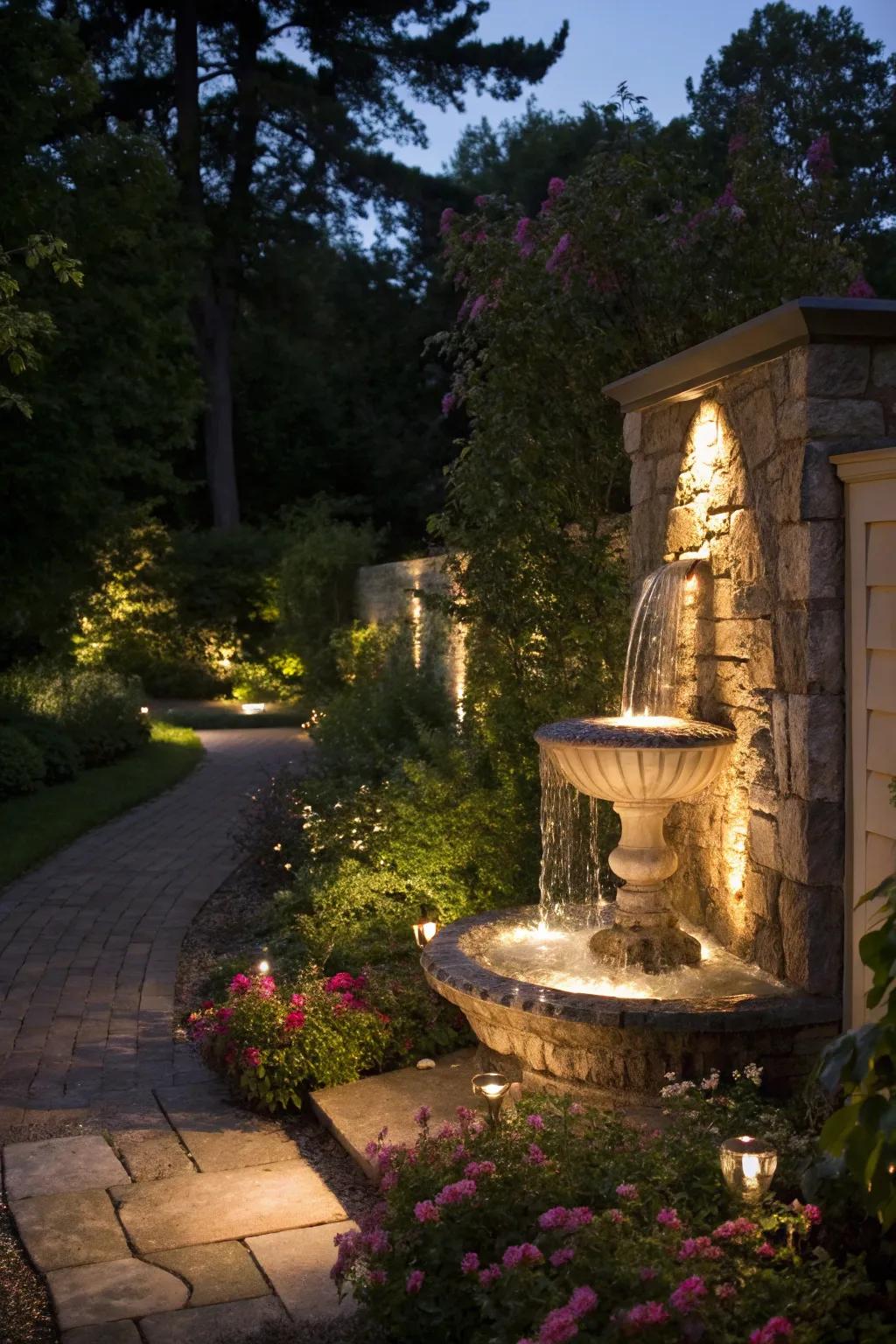 Integrated lighting brings a magical touch to wall fountains at night.