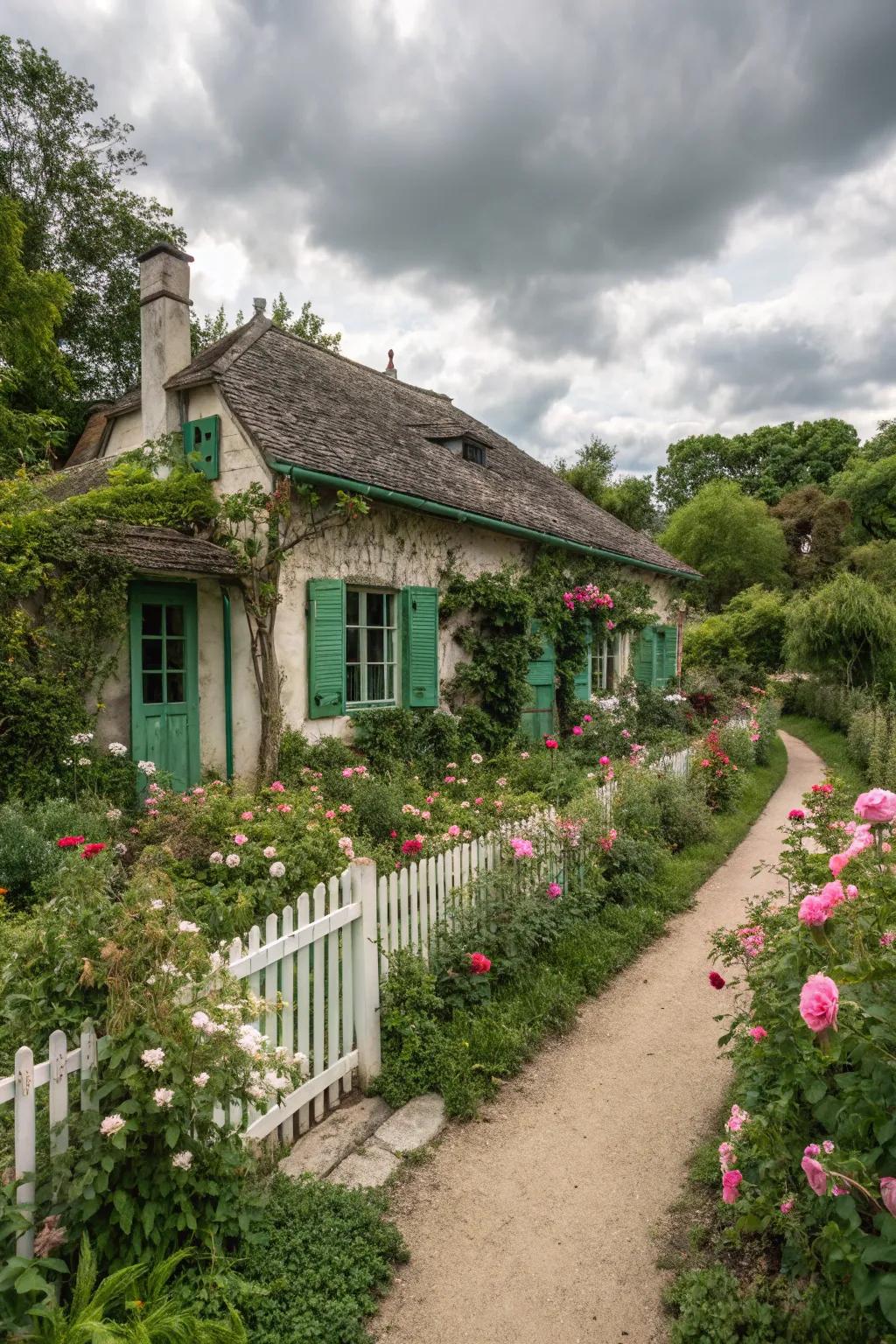 Fairytale cottage adorned with charming green shutters.