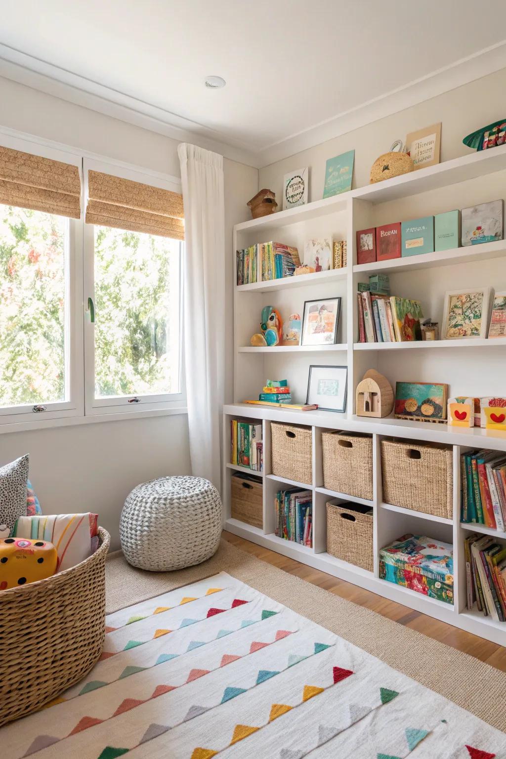 Practical decor ensures the nursery remains orderly and stylish, presenting efficient storage options.