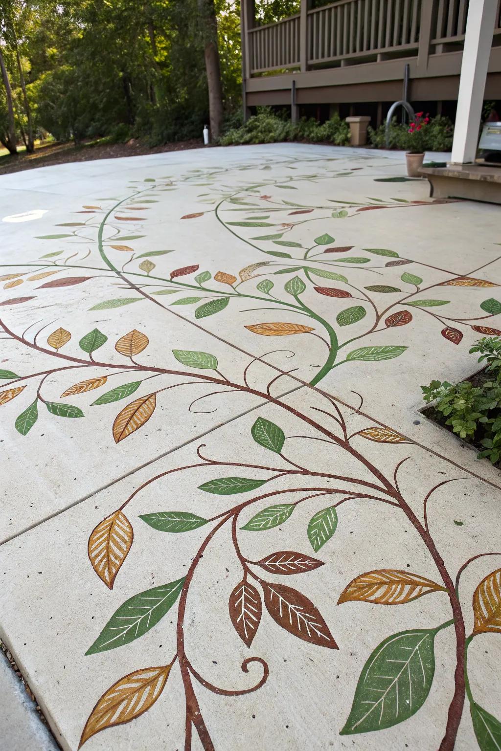 A patio with leaf designs that synchronize with the encircling greenery.