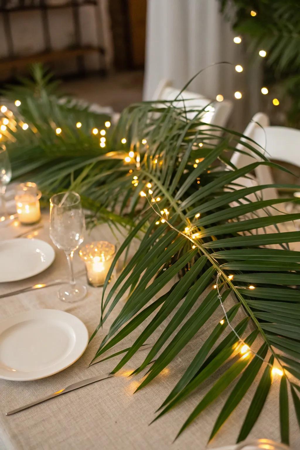Fairy illuminations introduce an enchanting shimmer to frond table centerpieces.