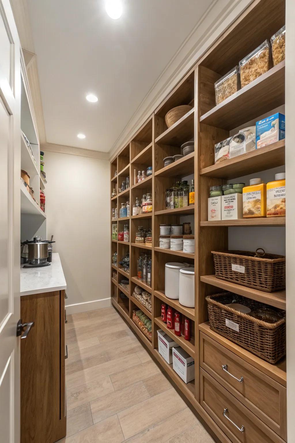 A U-shaped pantry maximizing storage capabilities with shelves along three walls.