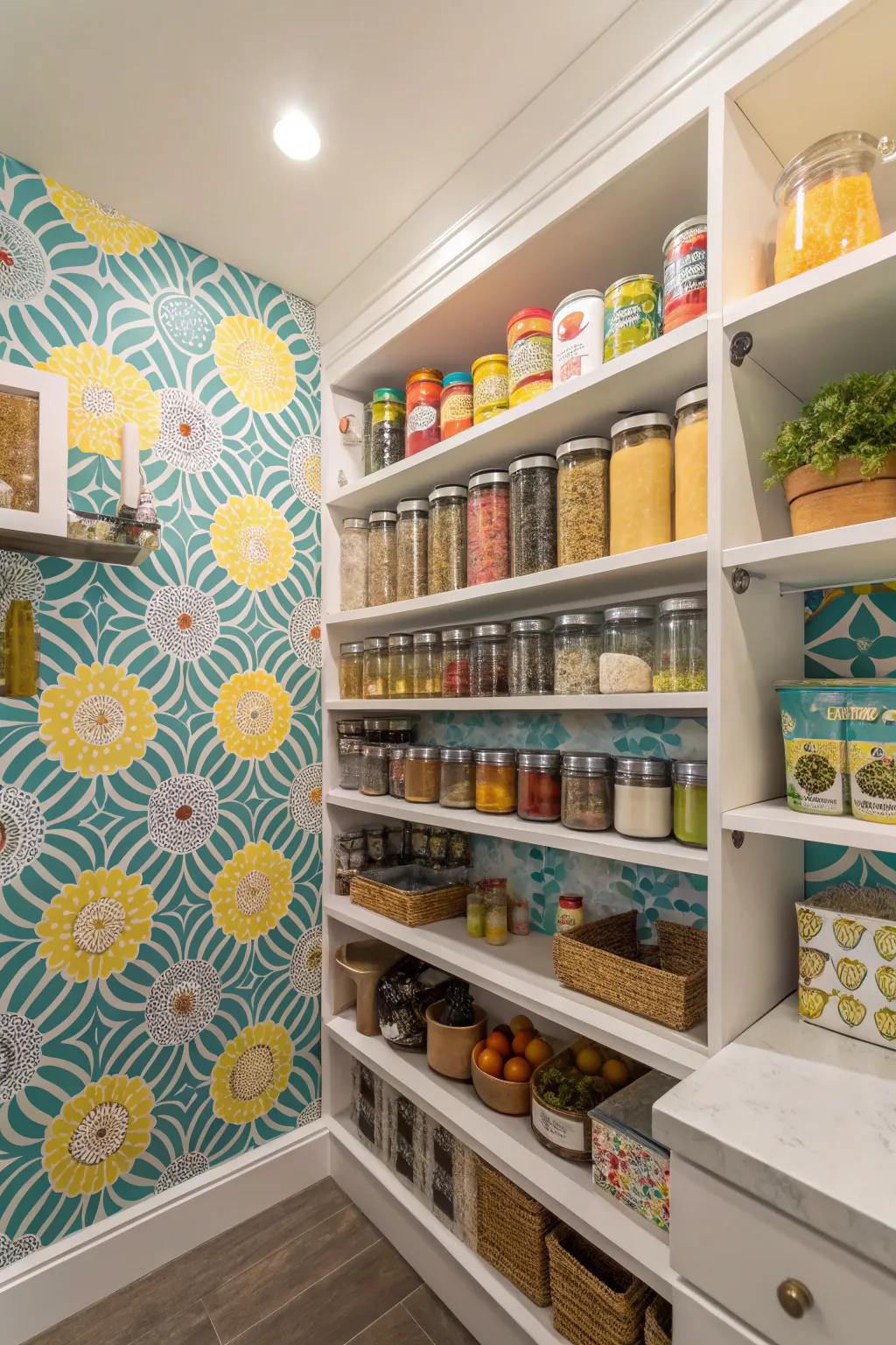 Vibrant wall covering inside a pantry adds personal flair and boosts visual attractiveness.