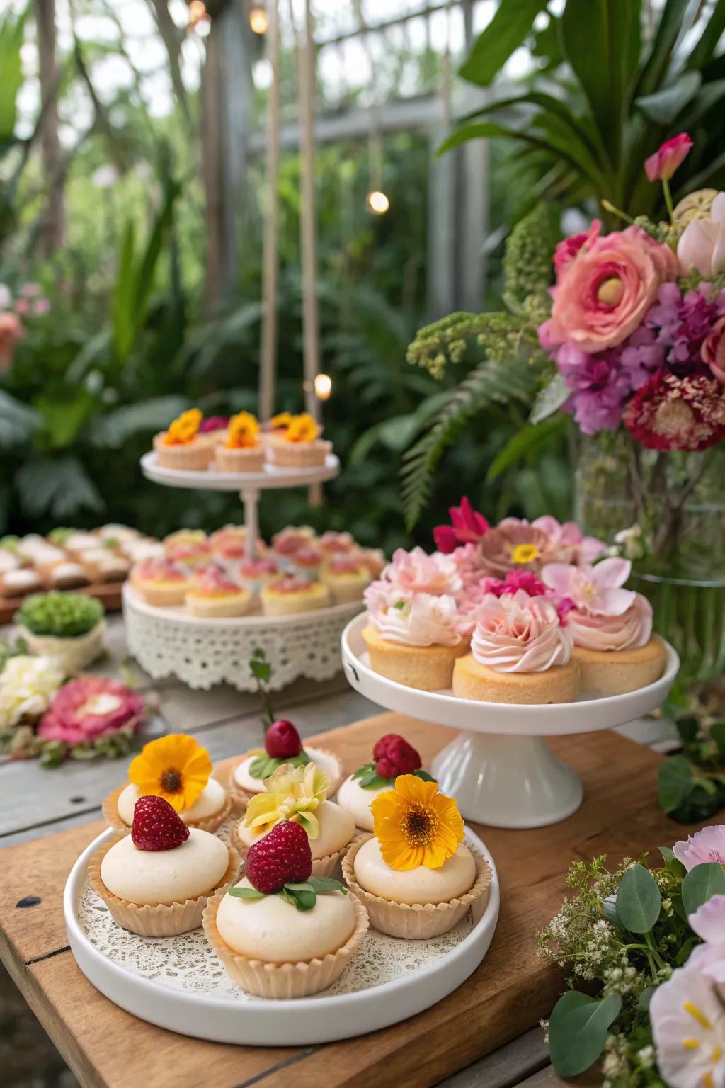 Blossom adornments bring refinement and vibrant colors to the sweets presentation.