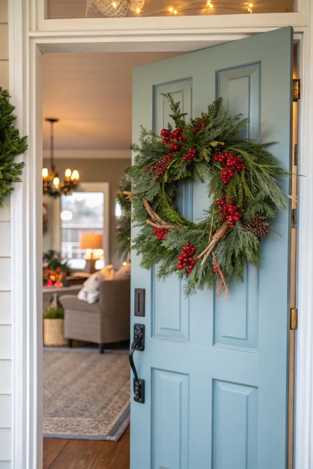 A seasonal garland on the door appends a welcoming and celebratory touch.