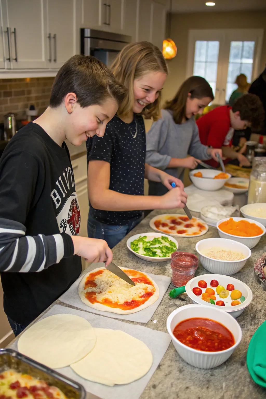 Teens crafting delicious pizzas with a variety of toppings.