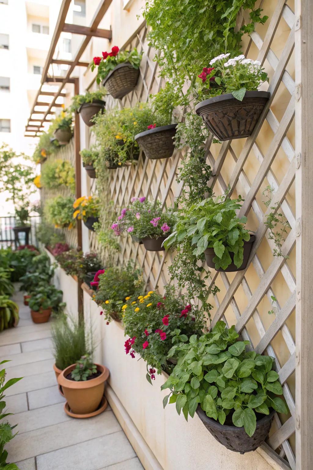A fretwork upright garden wall retains fresh herbs and blossoms readily accessible.
