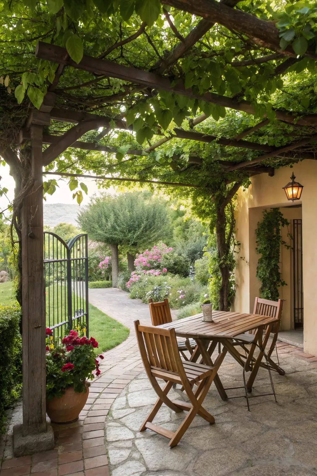 Trellises enveloped in greenery deliver natural shade to your patio.