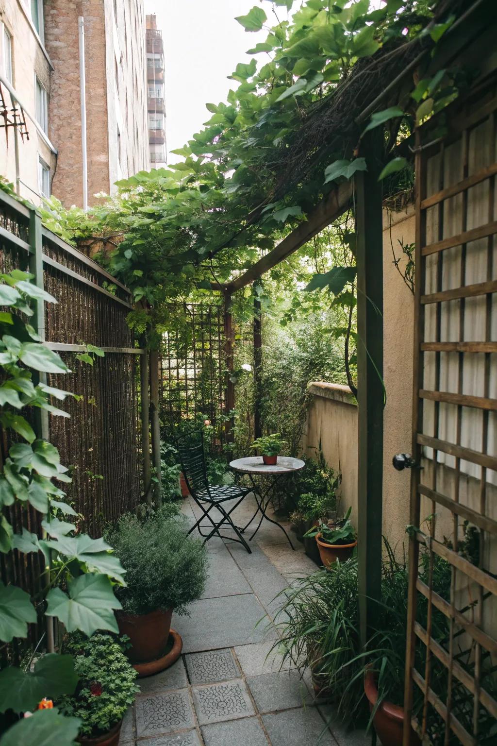 Small patios are transformed into secluded getaways with tall plants and trellises.