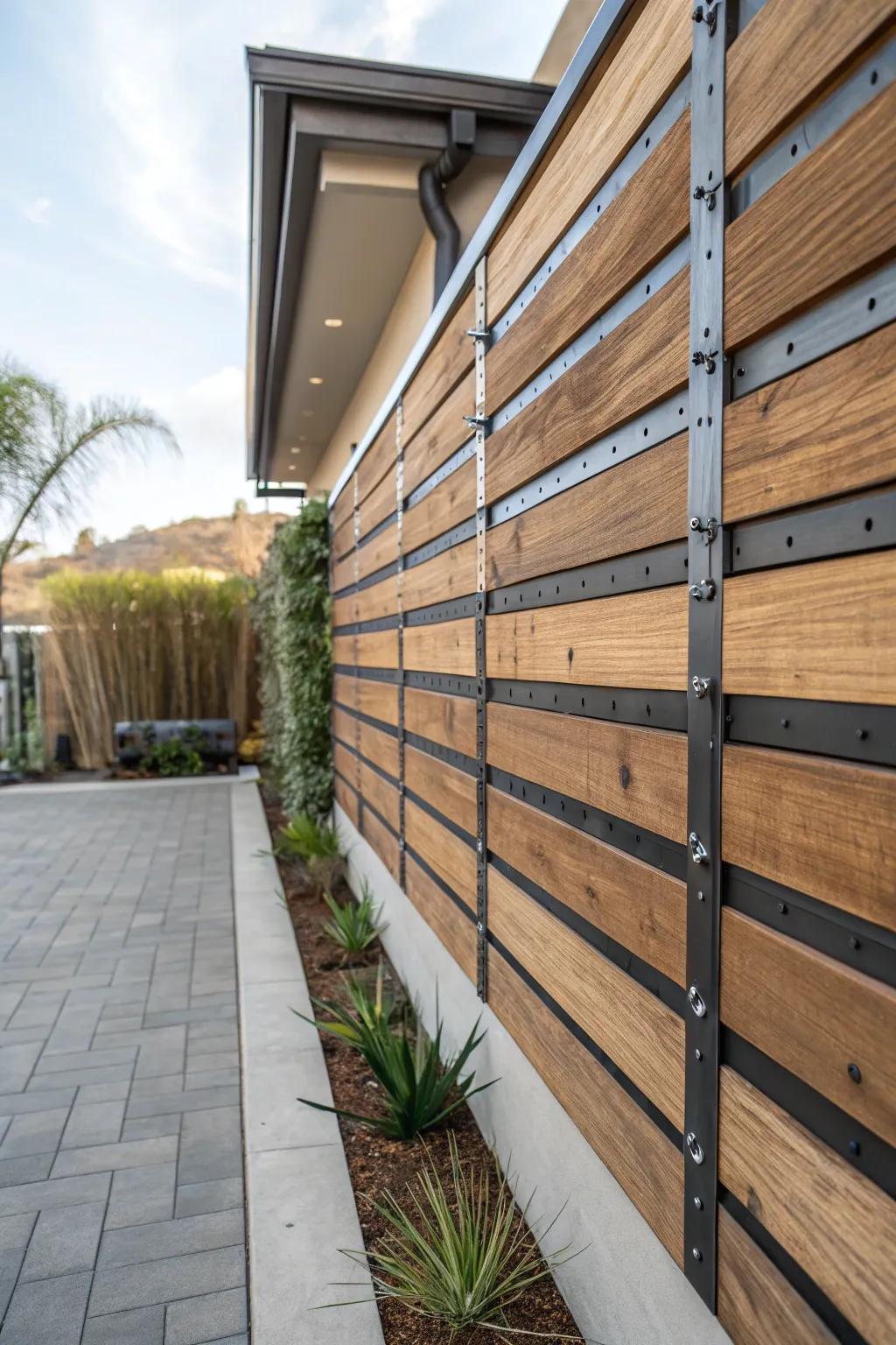 An industrial-style patio wall featuring timber and metal components.