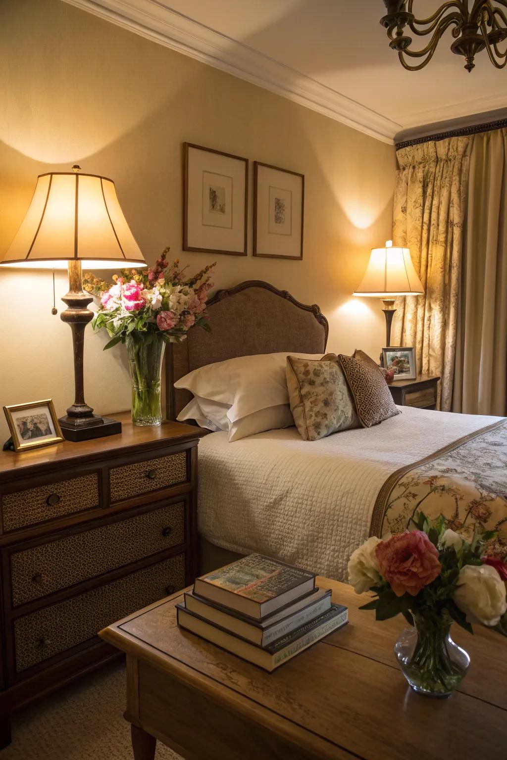 A bedroom softly illuminated by bedside lights, creating a calming ambiance.