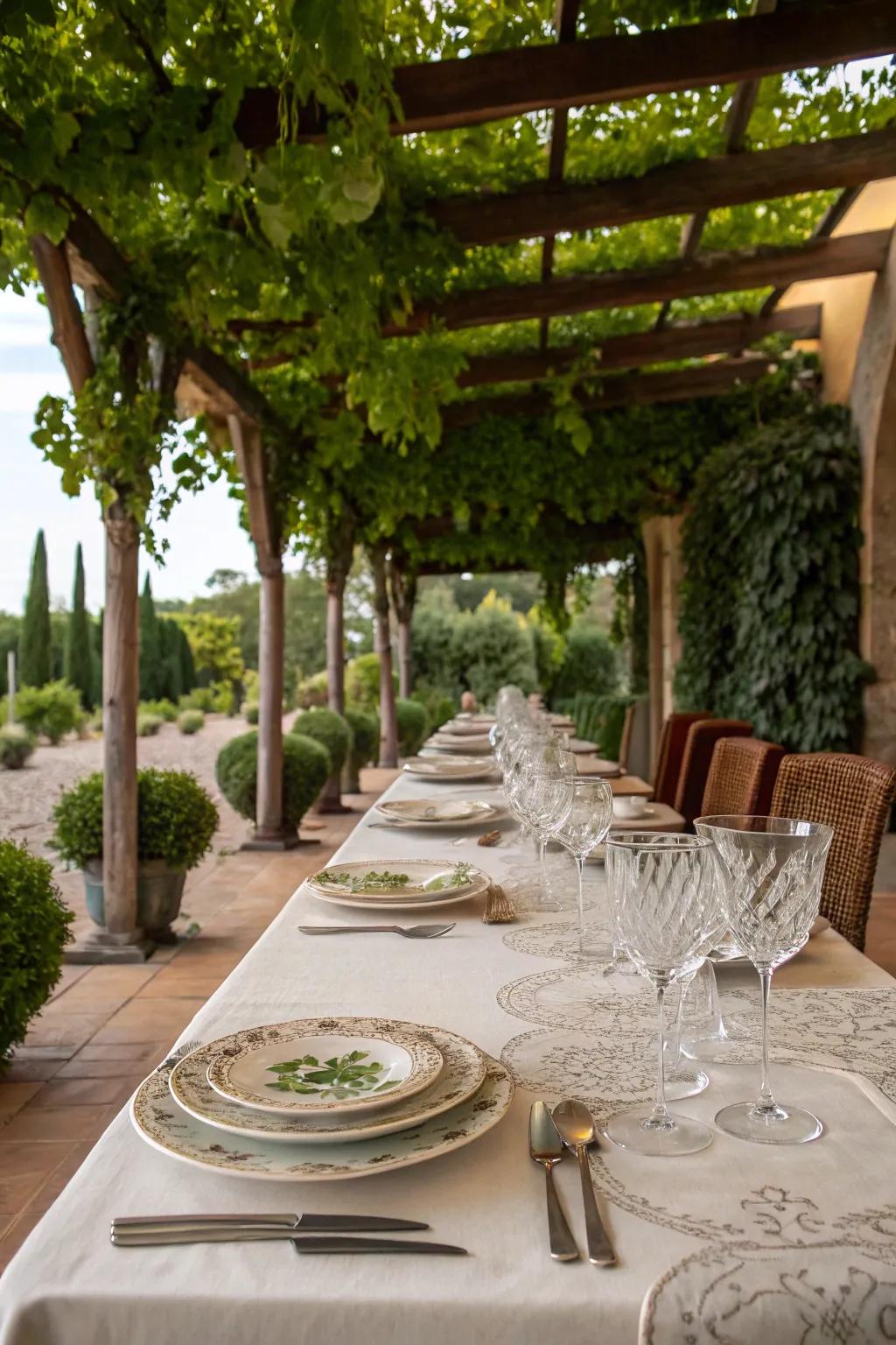Dining under a pergola gives a singular and charming open-air adventure.