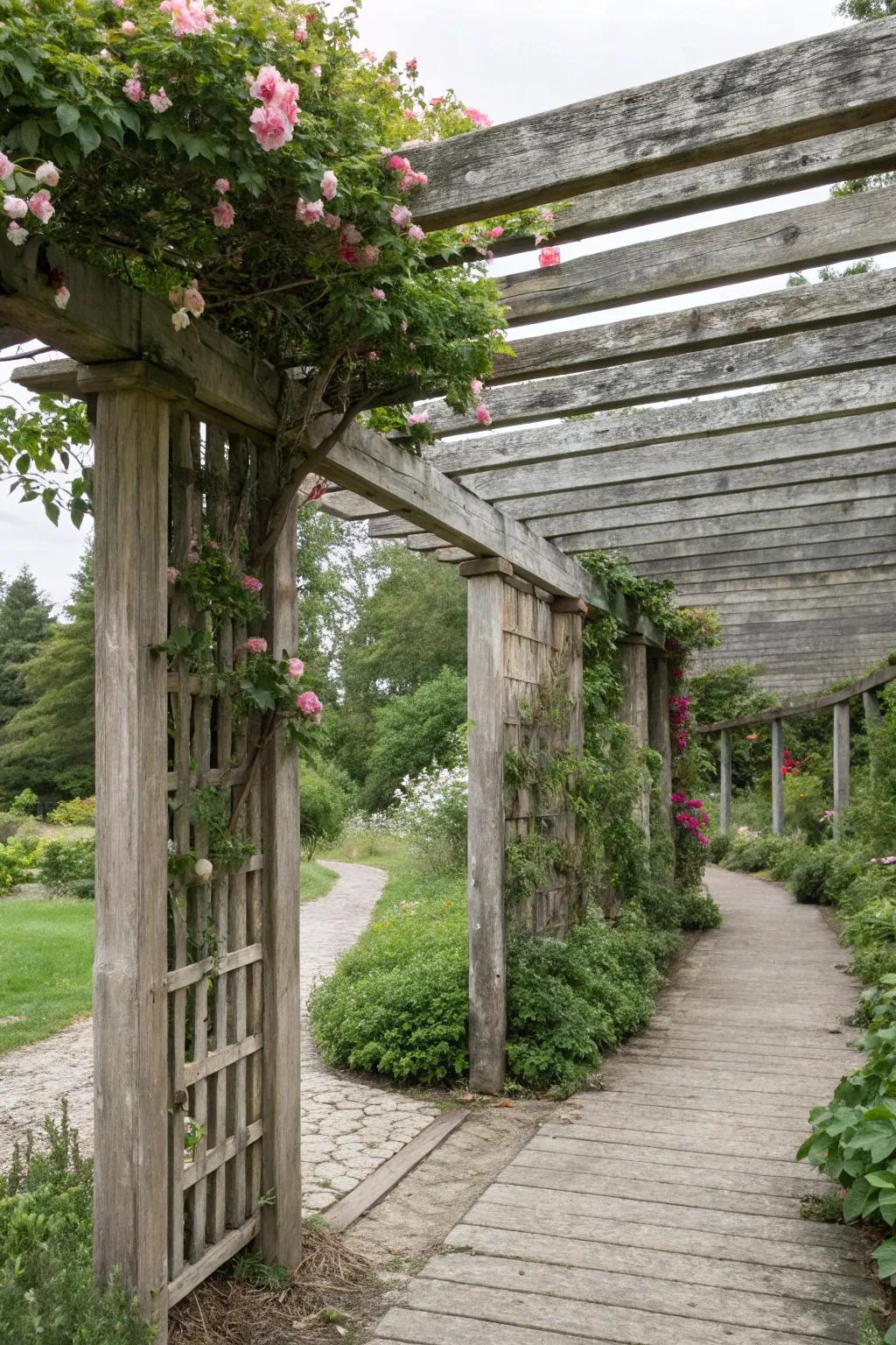 Wooden slat panels add rustic charm to this countryside structure.