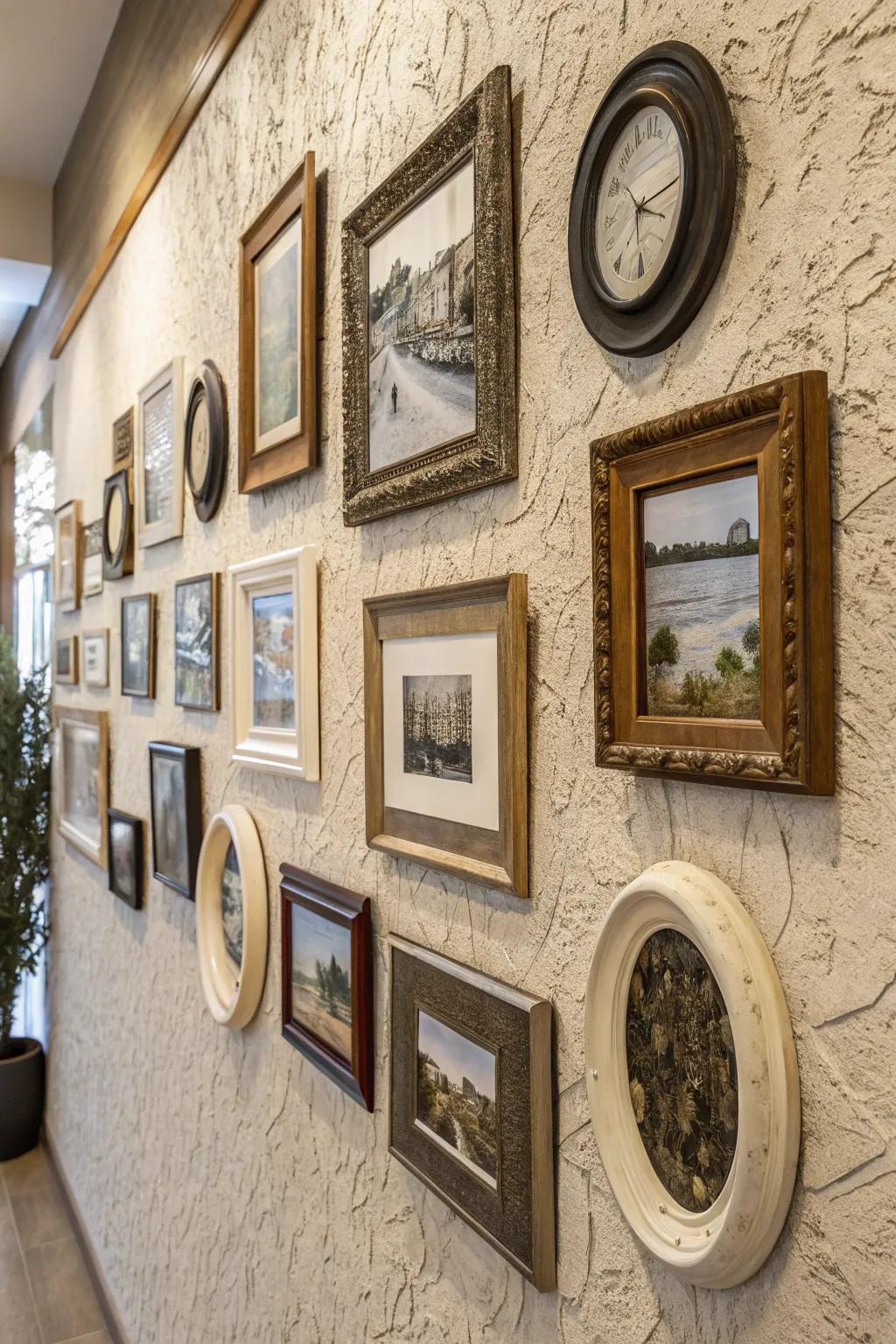 An asymmetrical design producing a vivid and creative wall for photos.