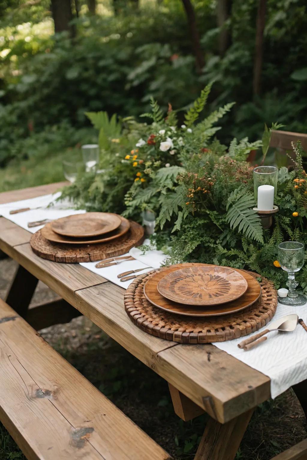 Timber components and greenery bring country charm to this picnic table.
