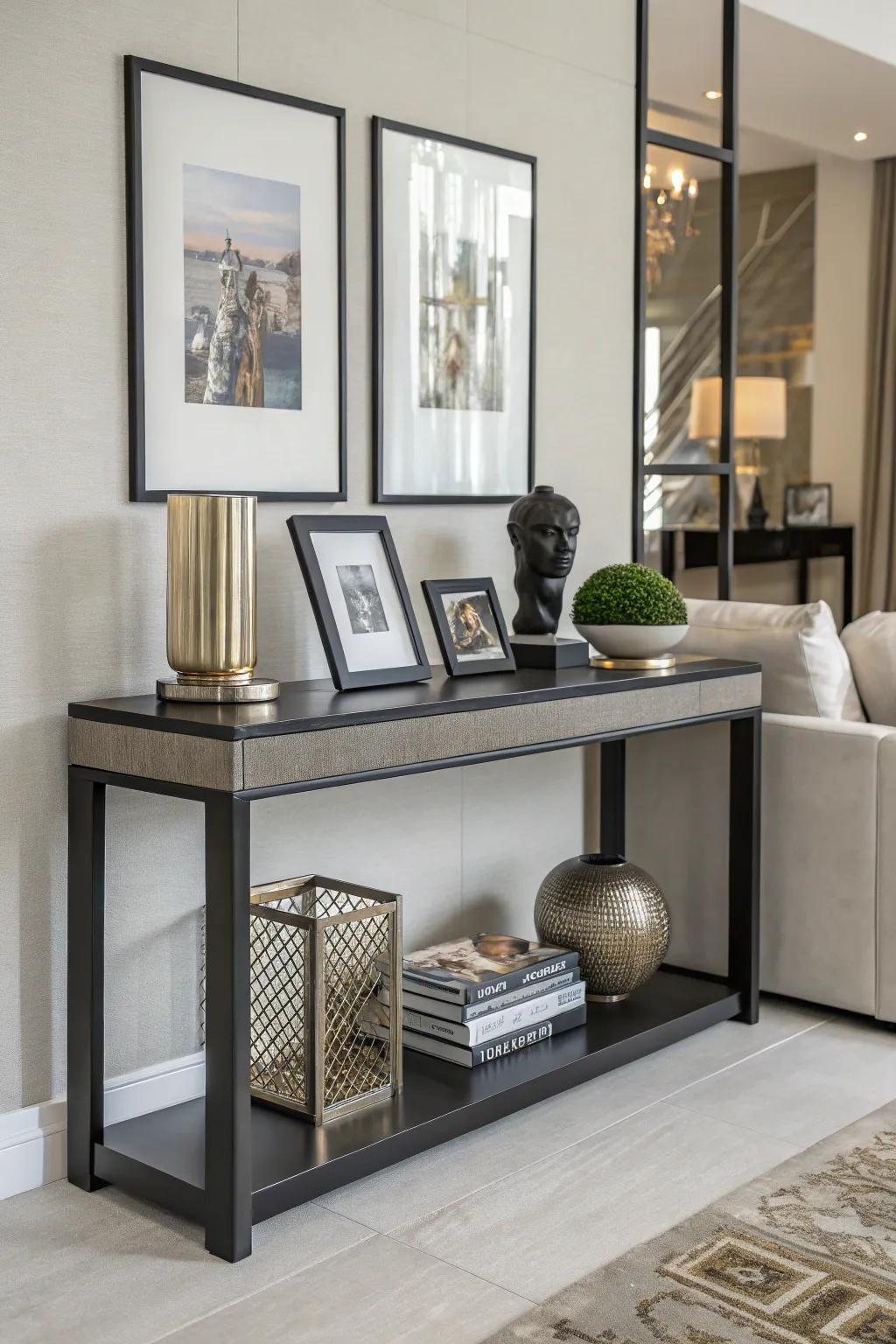 A perfectly arranged picture display above a console table.