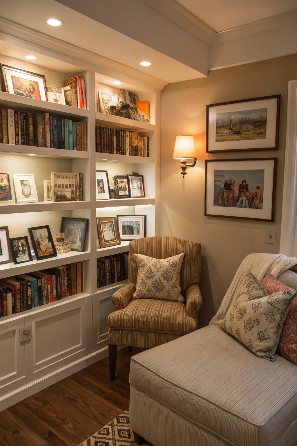 A cozy reading nook features display ledges for personalization.