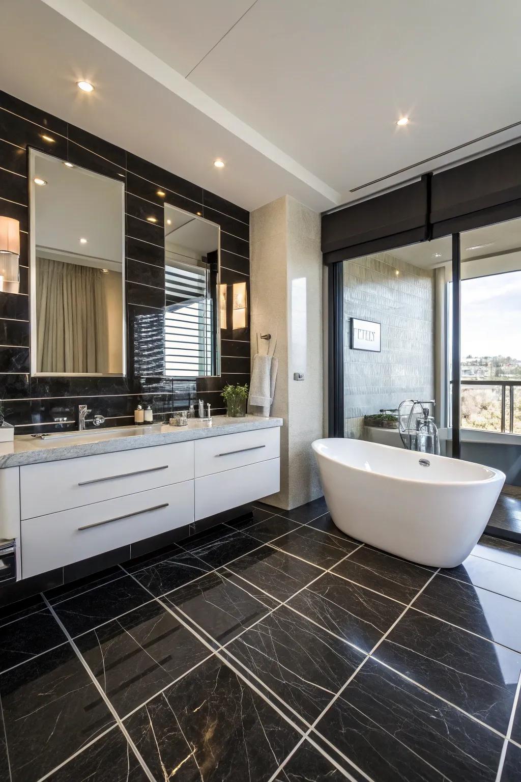 Black tiles add sophistication and contrast in bathrooms.