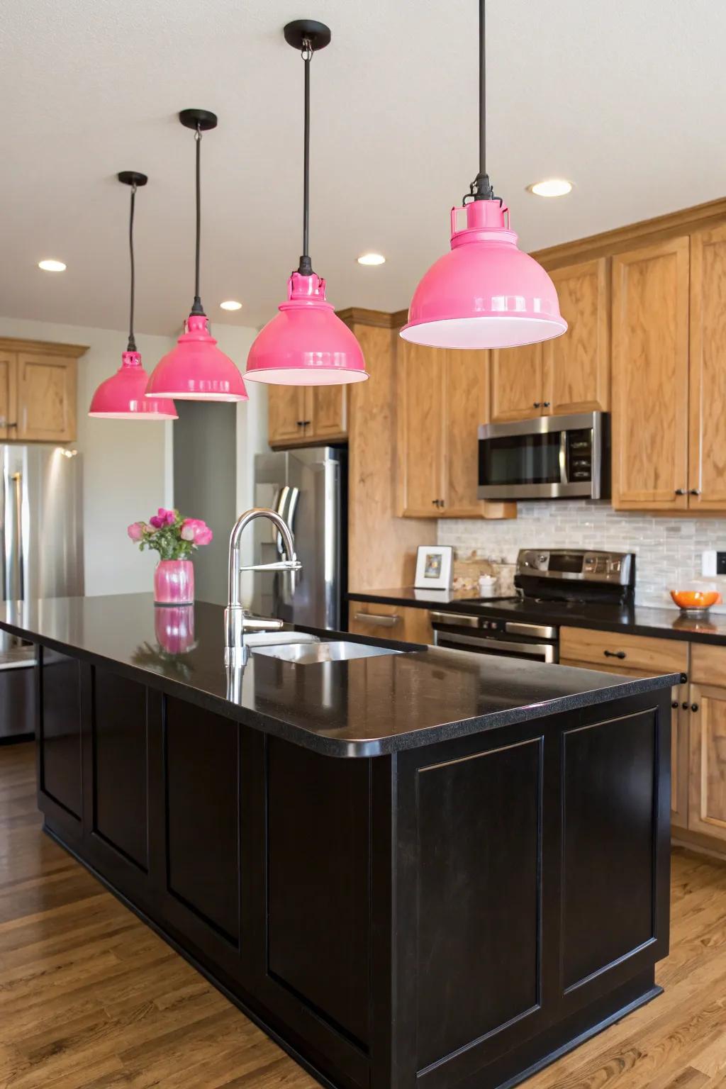 Chic rose illumination fixtures add a gentle glow to the cooking area ambiance.