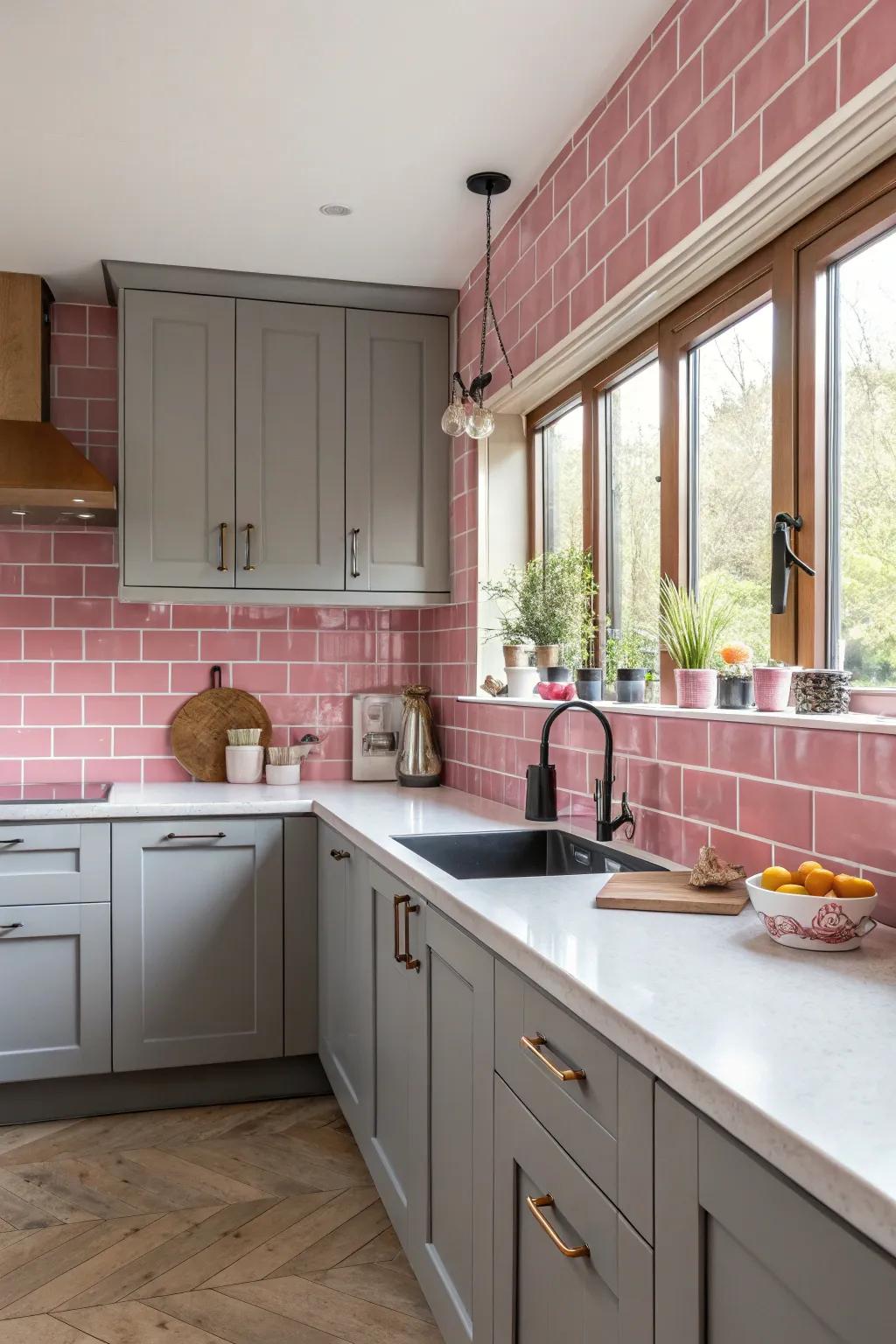 A vibrant rose tiled splash zone in a grey cooking space.