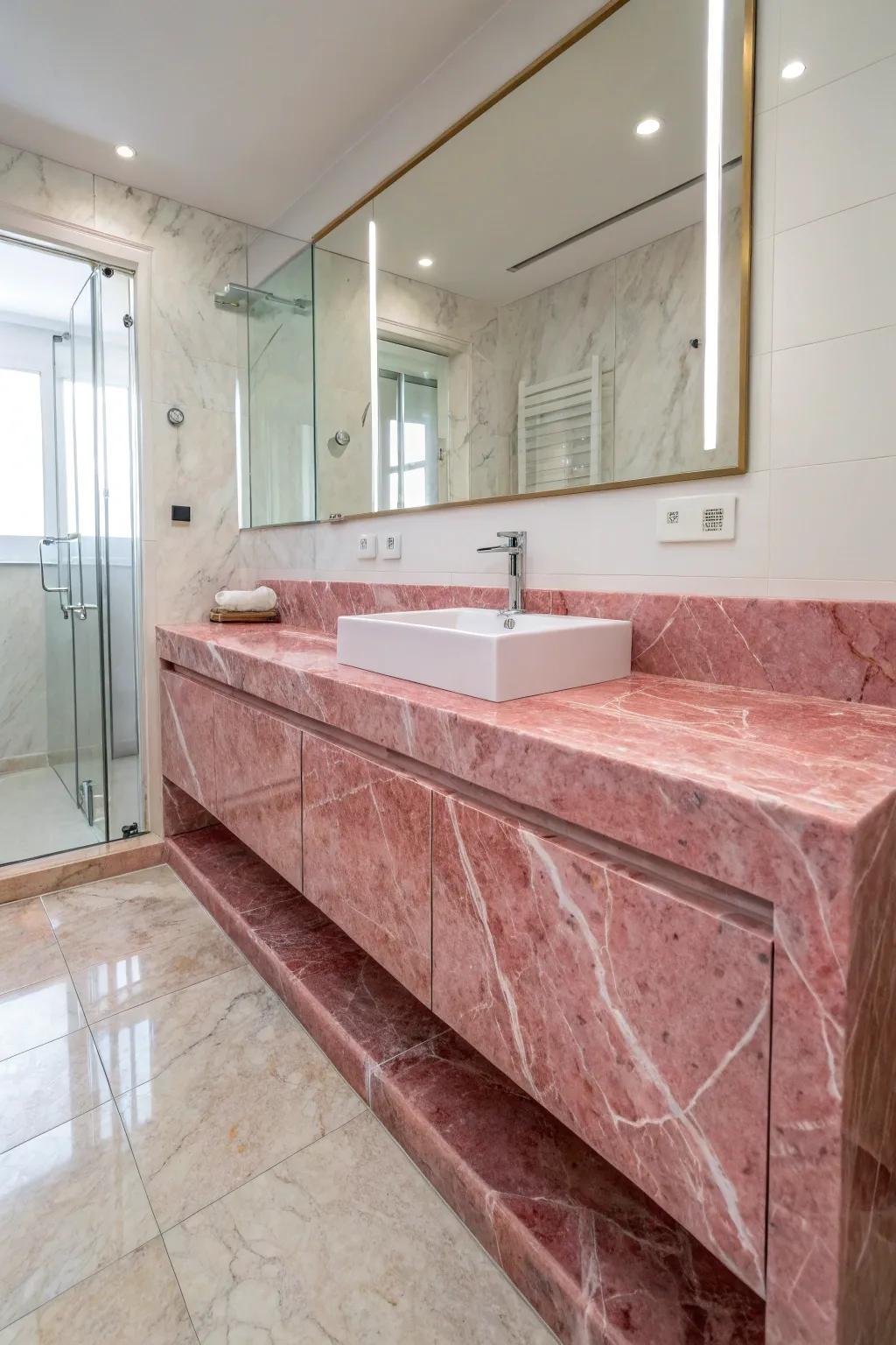 Rose veined stone introduces opulence and sophistication.