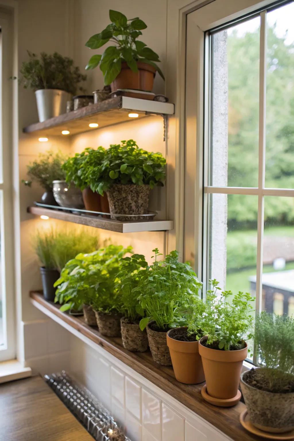 Sunlit splendor with window plant shelves.