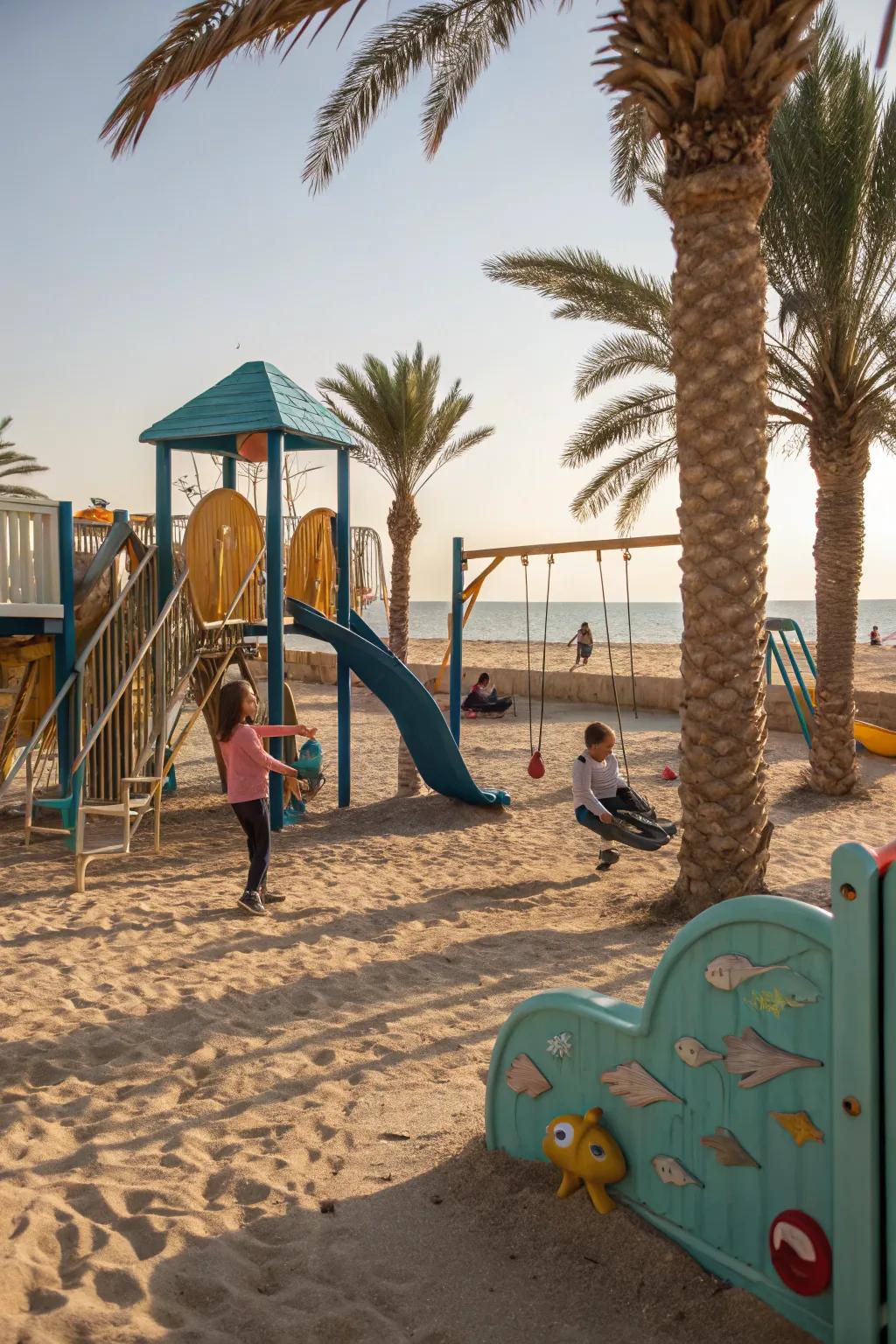 Sand transforms playgrounds into beach-like escapes.