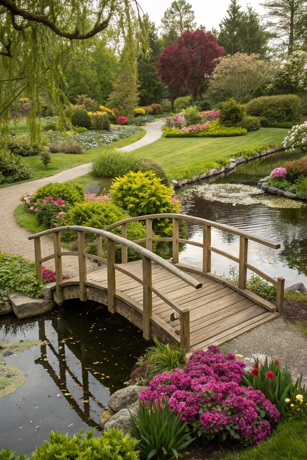 A charming small footbridge gracing a backyard pond.