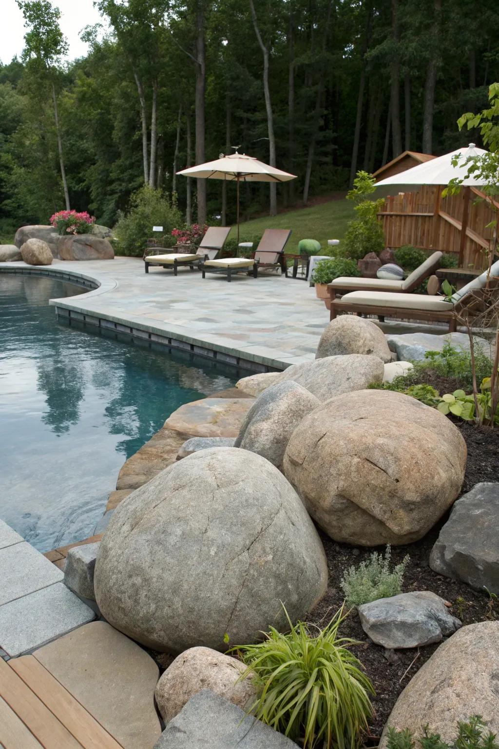 Rocks offer a dramatic and natural aspect to pool surroundings.