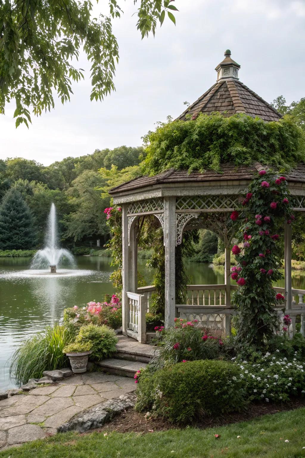 Nature surrounds this pavilion, offering a tranquil retreat by the pool.