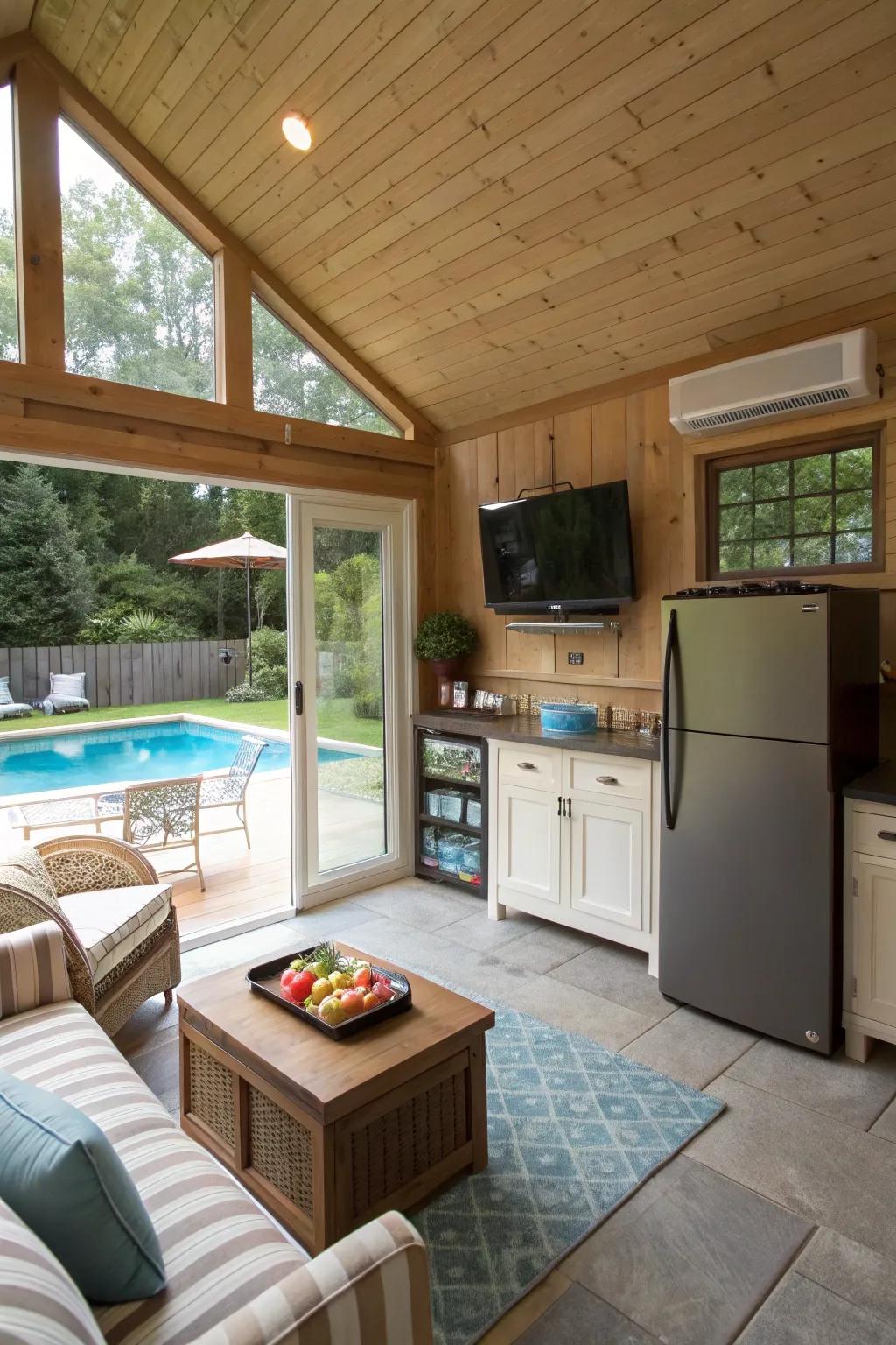 A compact pool house showcasing cozy and essential amenities.
