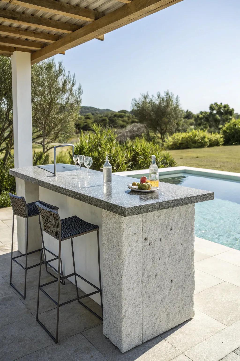 A stone wet bar introduces a hint of refinement to your poolside.